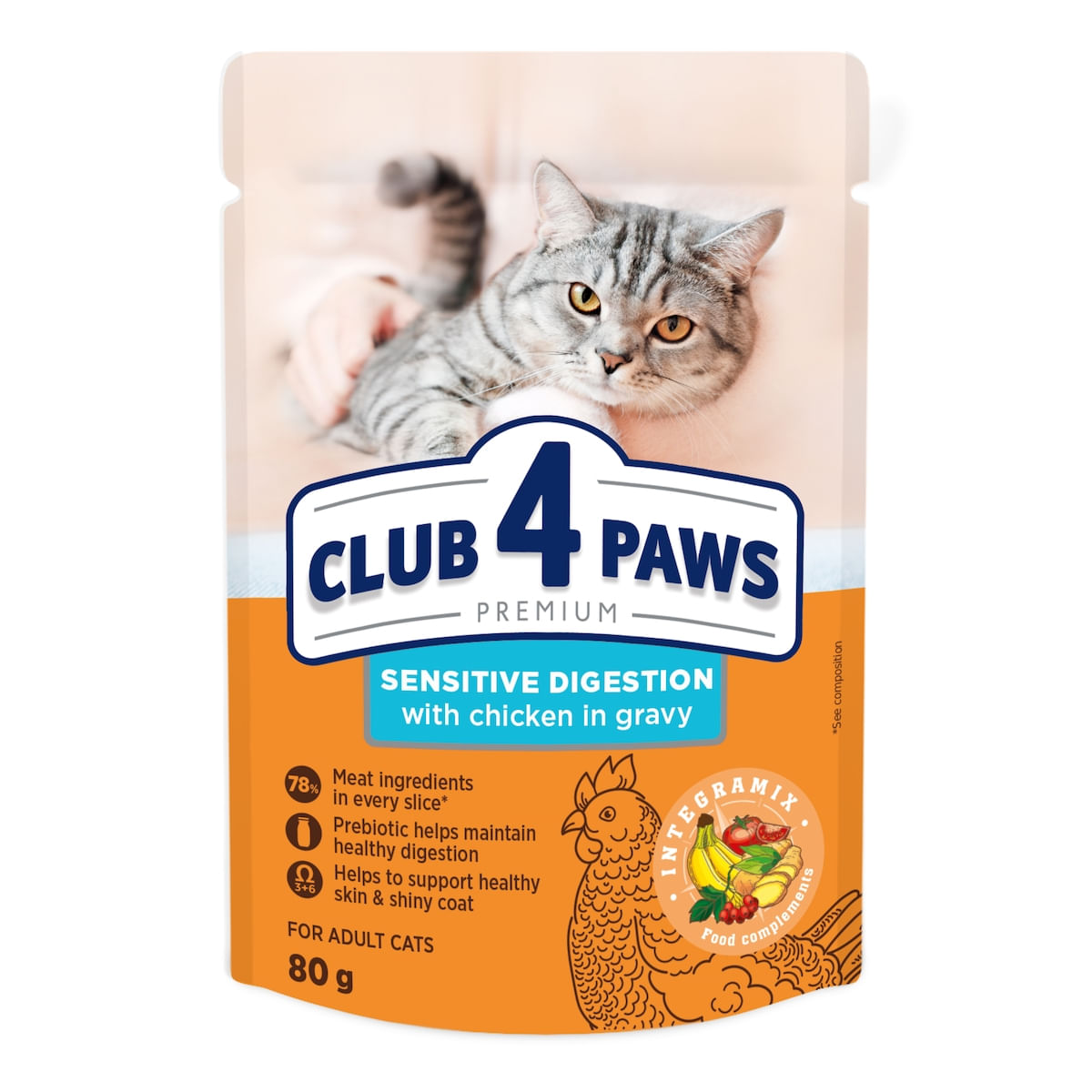 PLIC PISICA CLUB4PAWS ADULT SENSITIVE DIGESTION PUI IN SOS 80GR