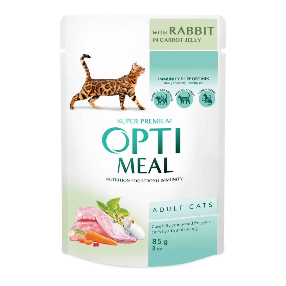 PLIC PISICA OPTIMEAL IEPURE IN JELEU DE MORCOV 85GR